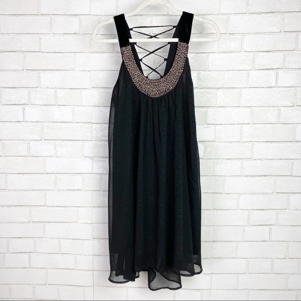 Miss ME Beaded Neckline Chiffon Lace Back Dress - Picture 3 of 13